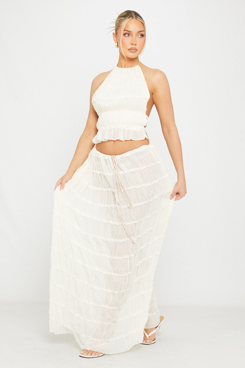 Cream Crochet Halter Two-Piece Set | Boho Maxi Skirt & Crop Top | Island Goddess Vibes