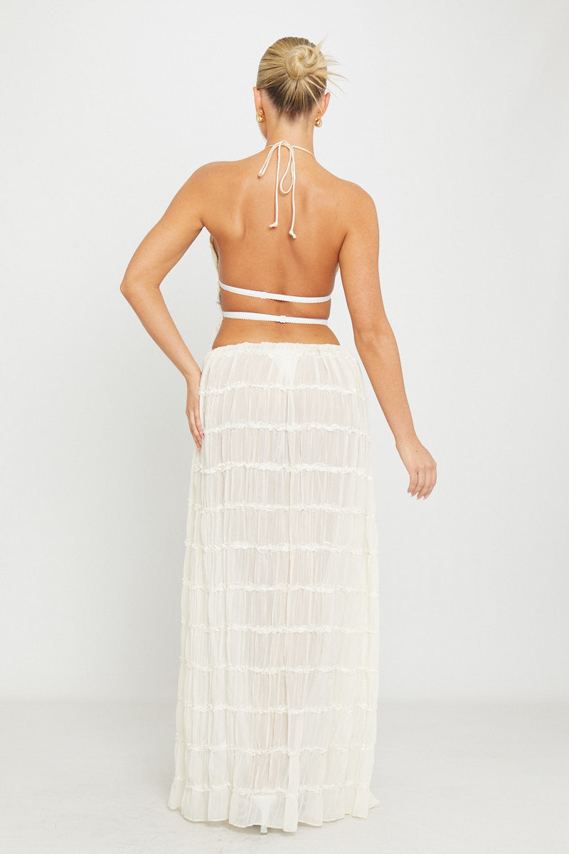 Cream Crochet Halter Two-Piece Set | Boho Maxi Skirt & Crop Top | Island Goddess Vibes