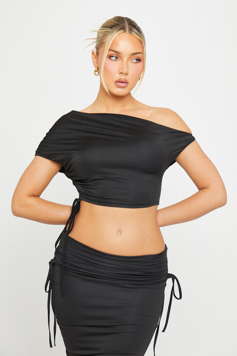 Noir Satin Set | Off-Shoulder Crop Top & Ruched Maxi Skirt | Elegant Black