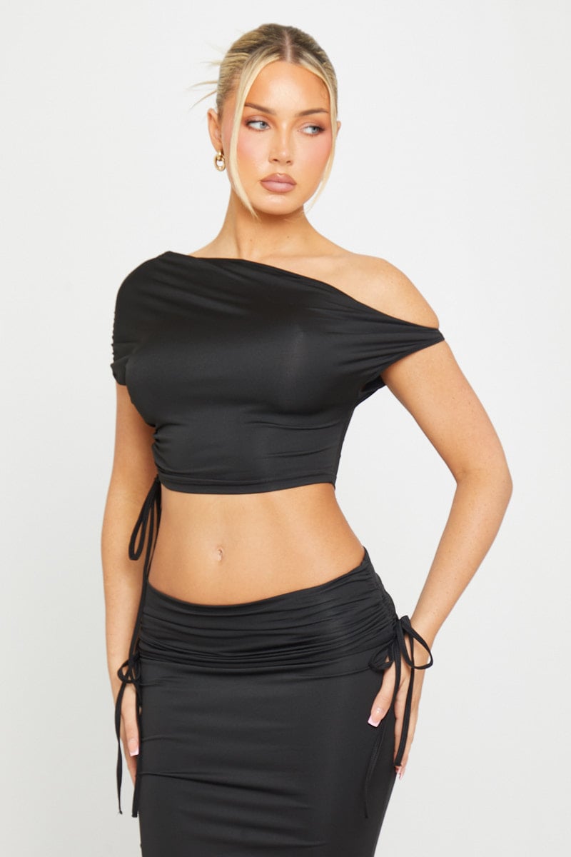 Noir Satin Set | Off-Shoulder Crop Top & Ruched Maxi Skirt | Elegant Black