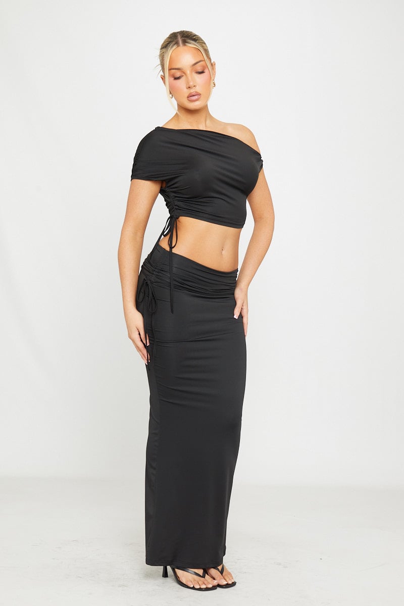 Noir Satin Set | Off-Shoulder Crop Top & Ruched Maxi Skirt | Elegant Black