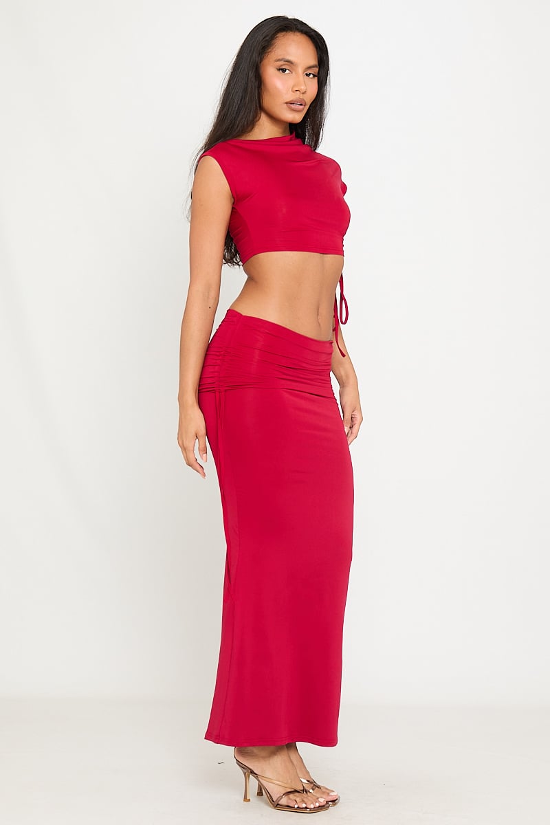 Scarlet Set | Cap Sleeve Crop Top & Ruched Maxi Skirt | Bold Side-Tie Detail