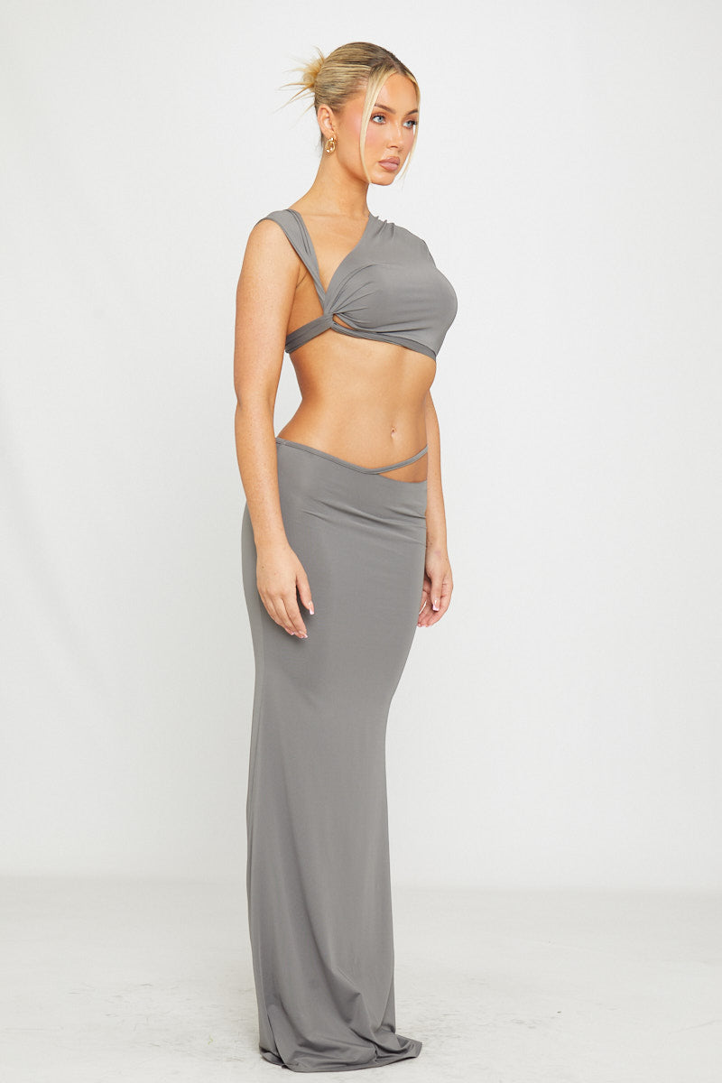 Grey One-Shoulder Crop & Maxi Skirt Set | Open Back Detail | Minimalist Glam