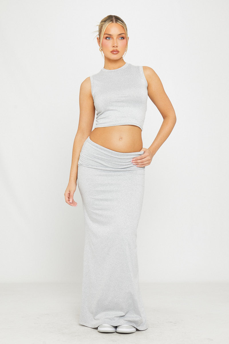 Cloud Ribbed Set | Sleeveless Crop Top & Maxi Skirt | Soft Gray