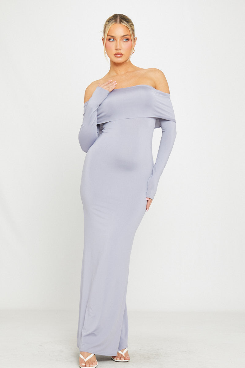 Off-Shoulder Light Grey Maxi Dress | Elegant & Sleek | Timeless Sophistication