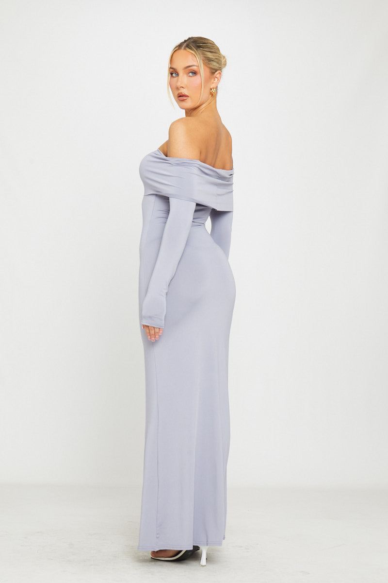 Off-Shoulder Light Grey Maxi Dress | Elegant & Sleek | Timeless Sophistication