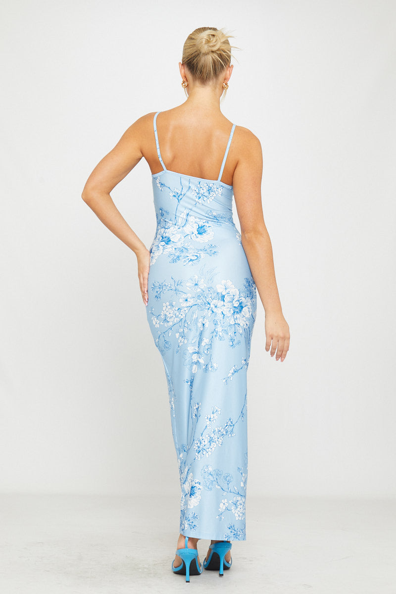 Blue Floral Satin Maxi Dress | Elegant & Romantic | Ethereal Glam