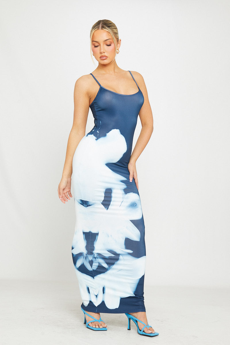 Blue & White Abstract Print Maxi Dress | Sleek & Modern | Effortless Elegance