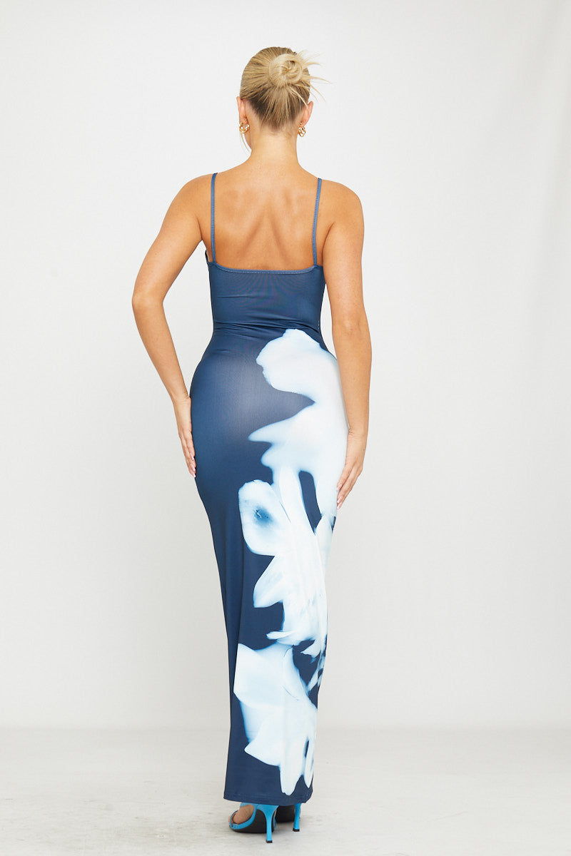 Blue & White Abstract Print Maxi Dress | Sleek & Modern | Effortless Elegance