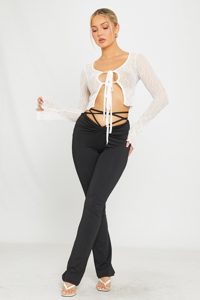 Ivory Tie-Front Top | Sheer Knit | Flared Sleeves