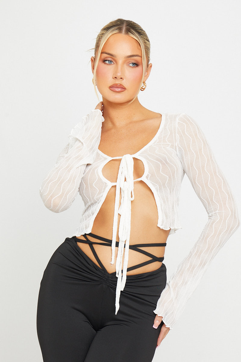 Ivory Tie-Front Top | Sheer Knit | Flared Sleeves