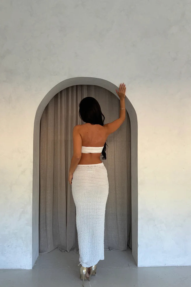 Santorini Breeze Set | Twist Bandeau Top & Textured Trousers | White Coastal Chic