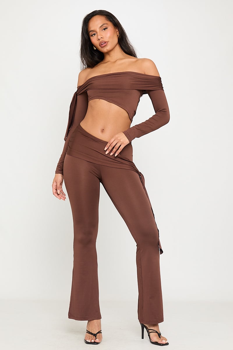Terra Set | Off-Shoulder Crop Top & Split Flare Pants | Chocolate Brown Chic