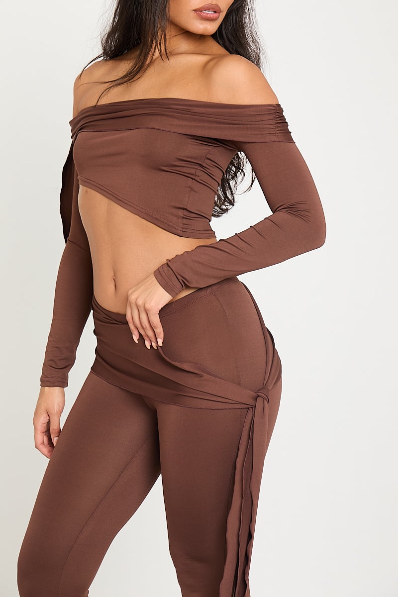Terra Set | Off-Shoulder Crop Top & Split Flare Pants | Chocolate Brown Chic