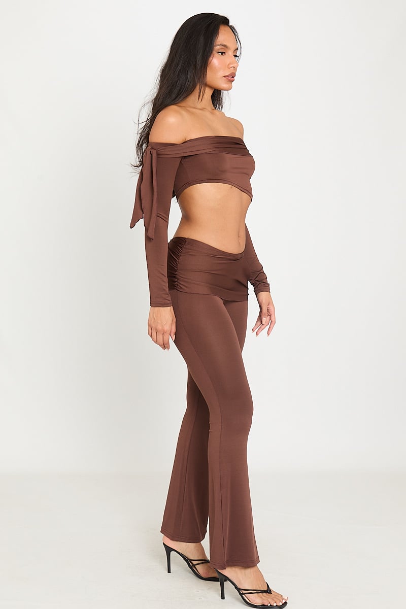 Terra Set | Off-Shoulder Crop Top & Split Flare Pants | Chocolate Brown Chic