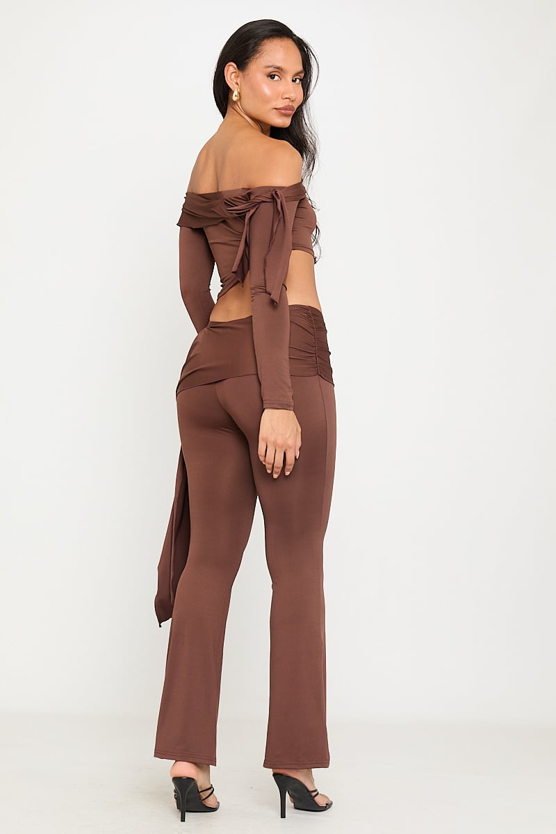 Terra Set | Off-Shoulder Crop Top & Split Flare Pants | Chocolate Brown Chic