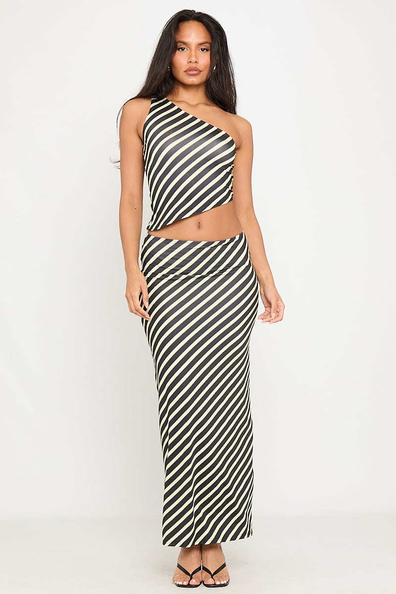 Mono Stripe Asymmetrical Set | One-Shoulder Crop & Maxi Skirt | Bold & Modern