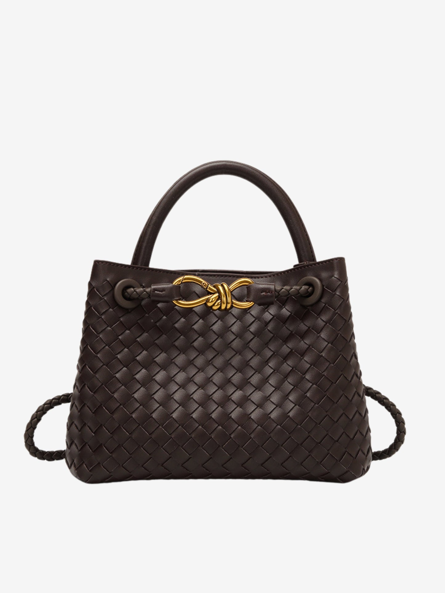 Woven Top-Handle Bag | Faux Leather | Gold Bow Accent