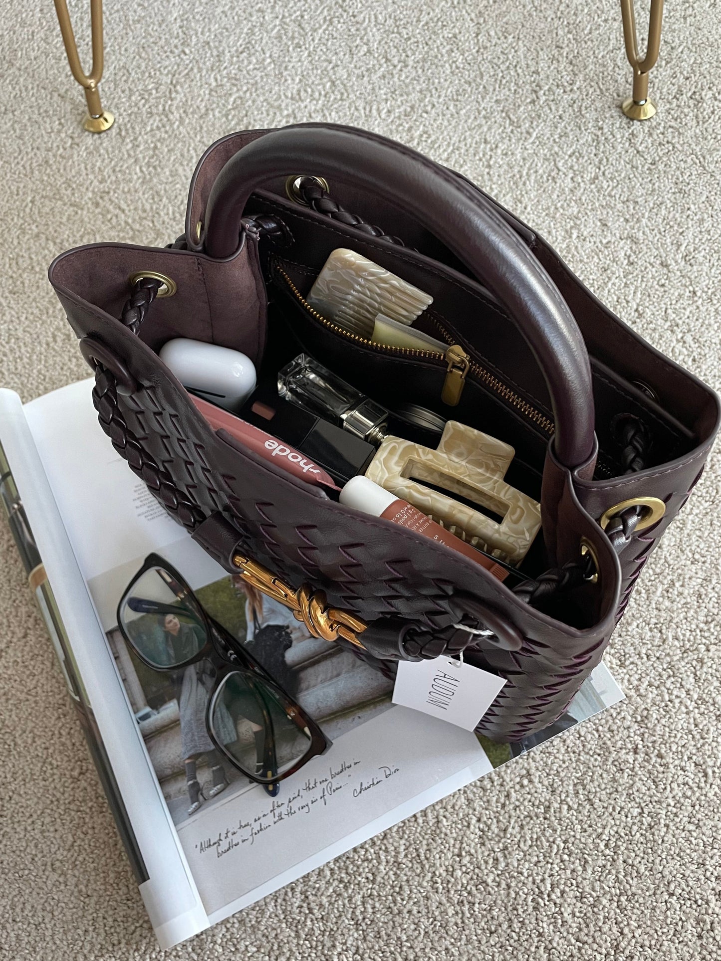 Woven Top-Handle Bag | Faux Leather | Gold Bow Accent