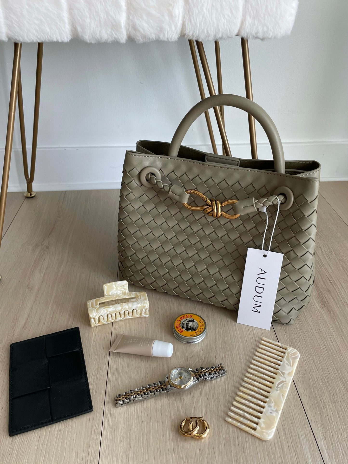 Woven Top-Handle Bag | Faux Leather | Gold Bow Accent