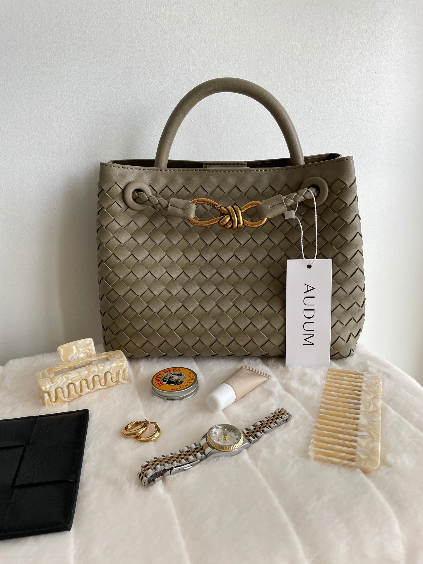 Woven Top-Handle Bag | Faux Leather | Gold Bow Accent