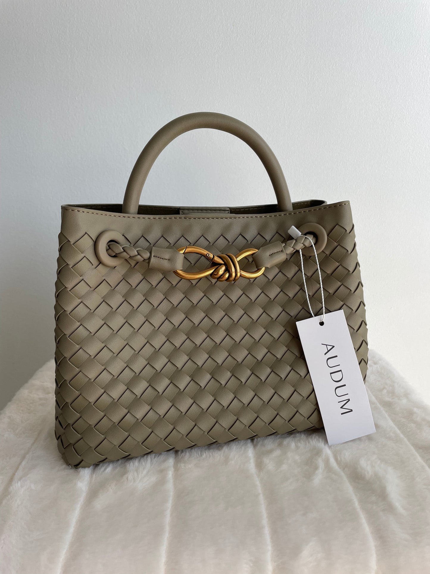 Woven Top-Handle Bag | Faux Leather | Gold Bow Accent