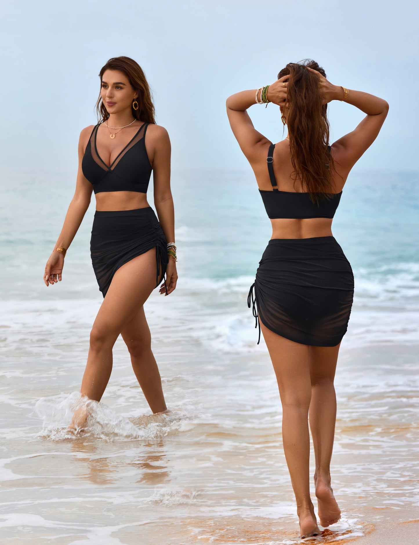 BreezeWrap Swimsuit | Ruched Two-Piece | Skirted Bottom & V-Neck Top