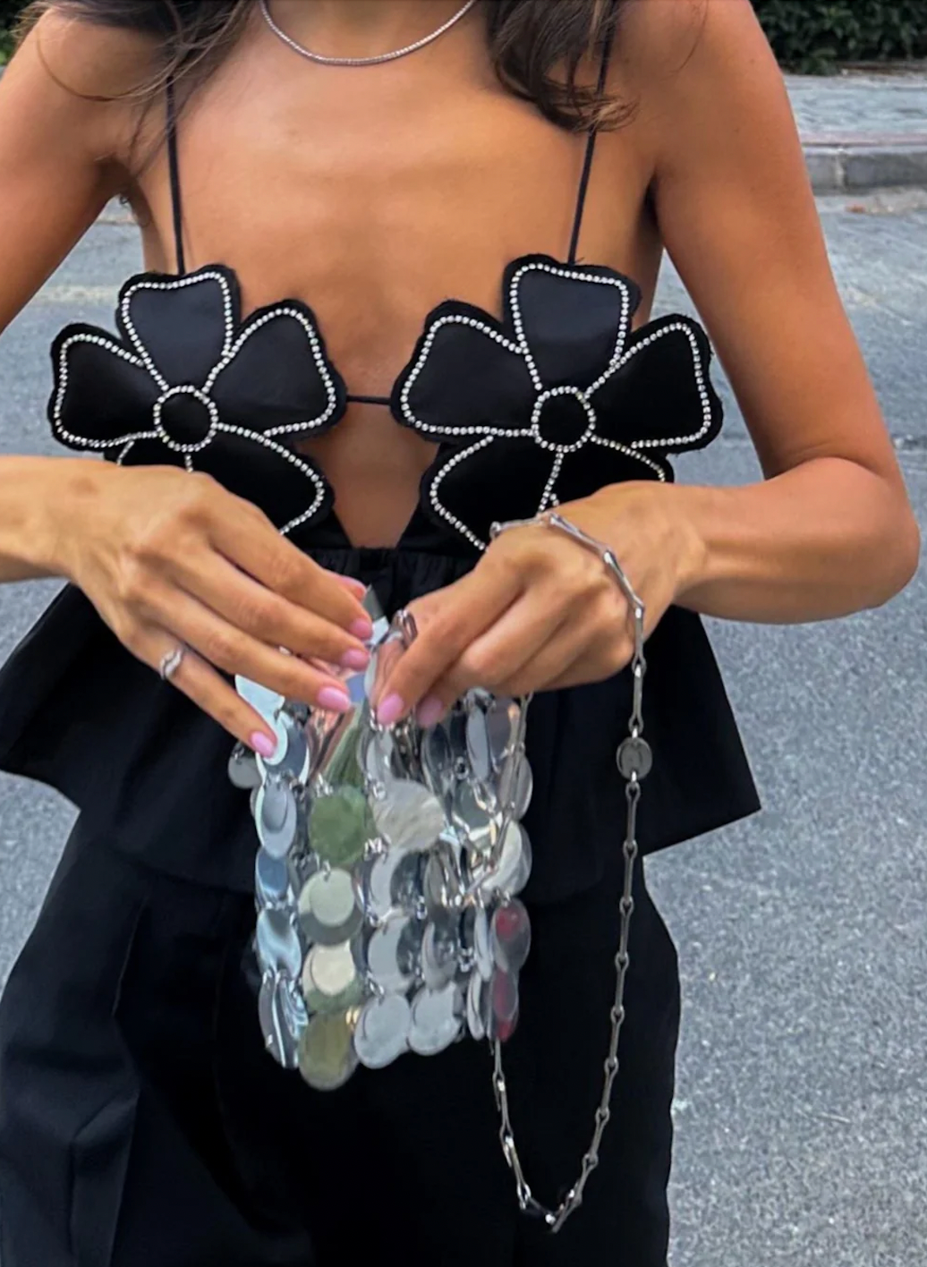 Floral Appliqué Crop Top | Satin-Polyester | Ruffled Hem