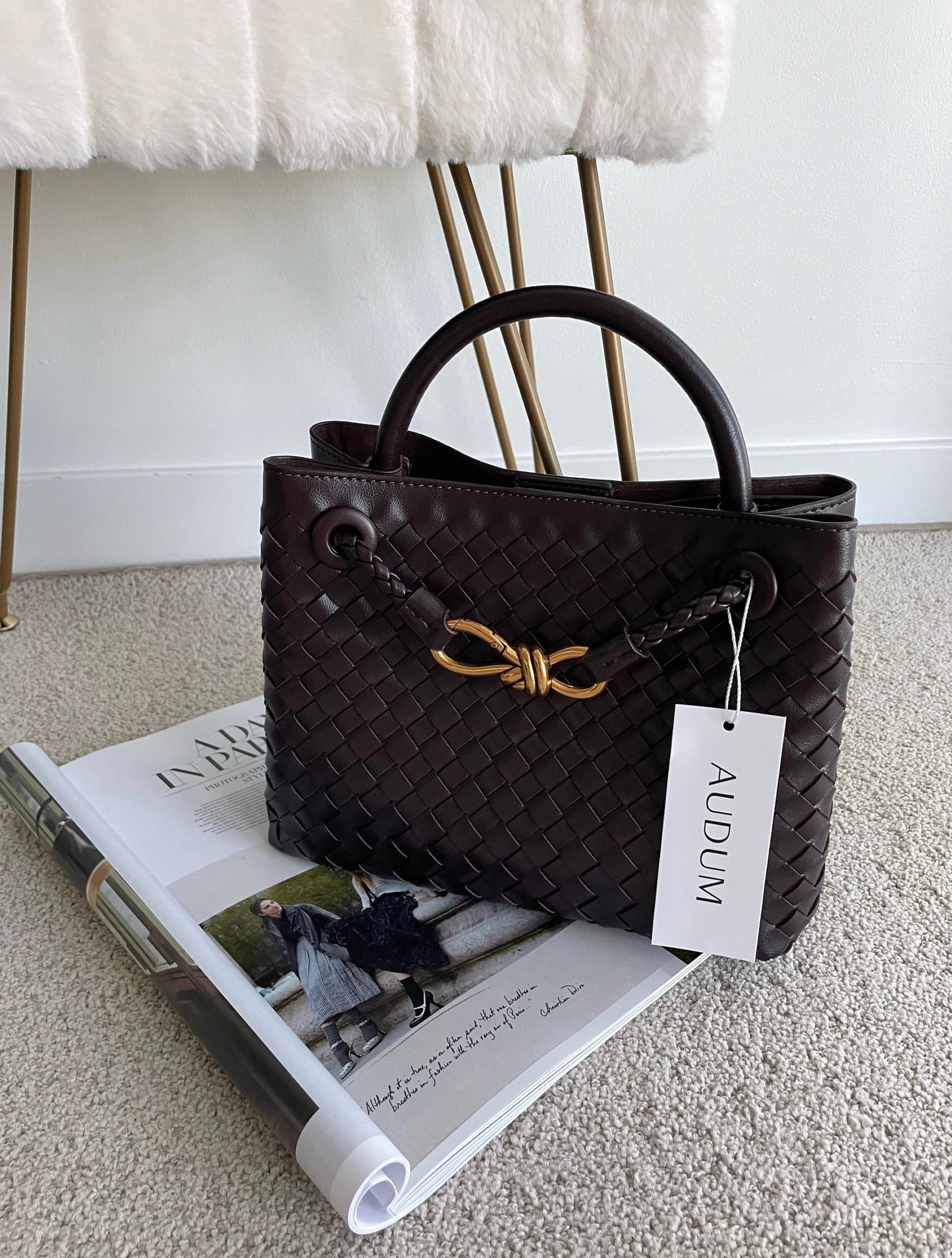 Woven Top-Handle Bag | Faux Leather | Gold Bow Accent