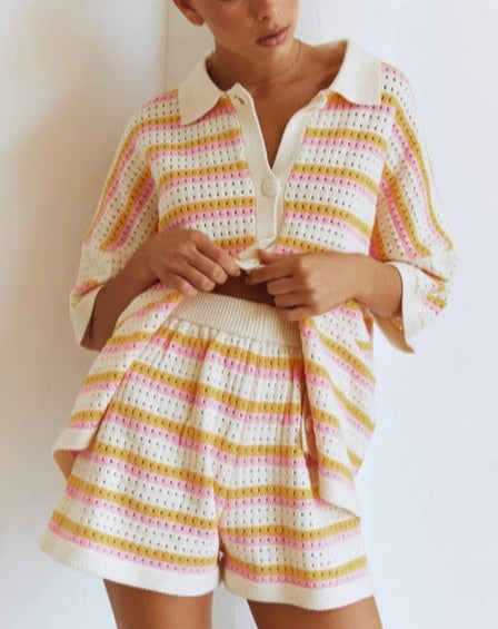 Striped Knit Set | Cotton Blend | Collared Button-Up & Shorts