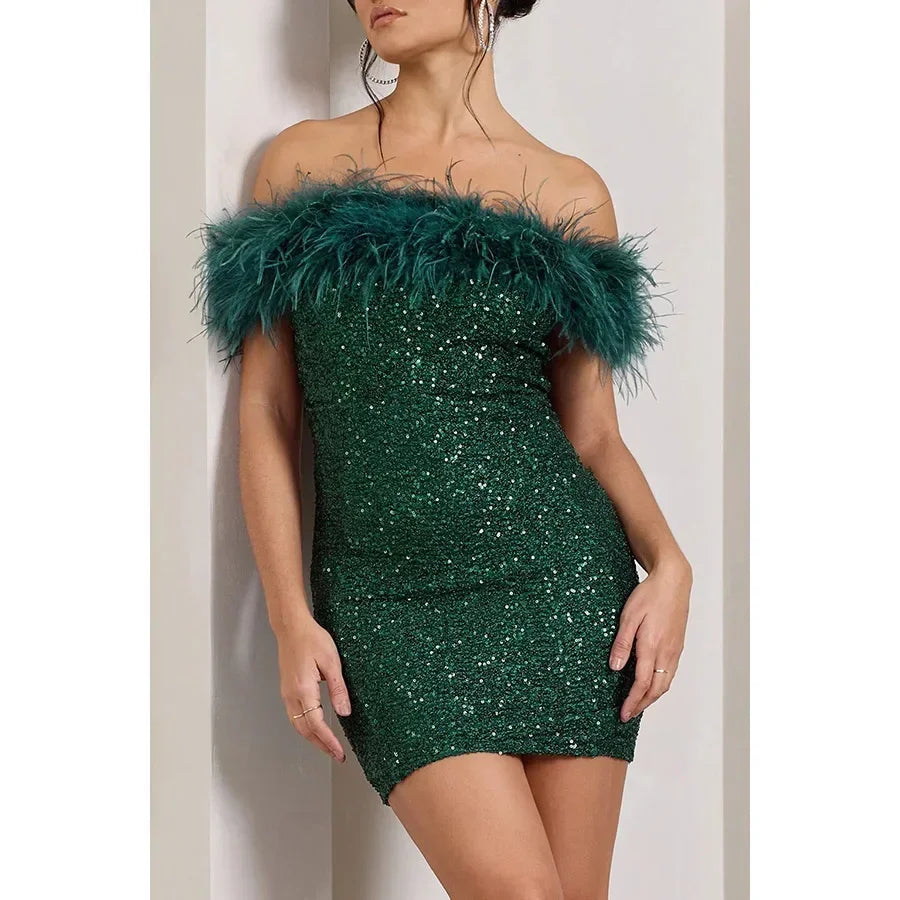 Sequin Feather Trim Mini Dress | Off-Shoulder Glam | Dazzling & Chic