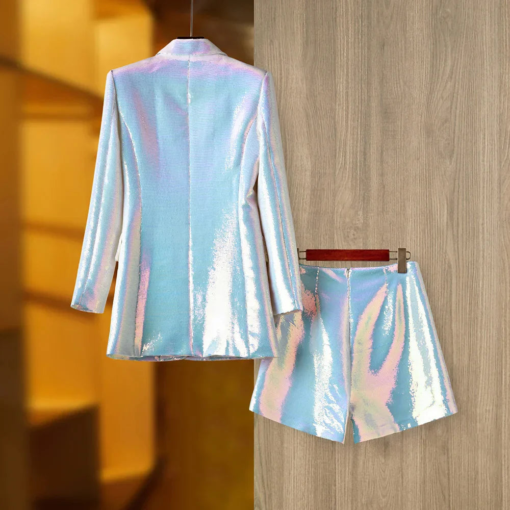 Women's Holographic Blazer & Shorts Set | Bold & Glamorous | Iridescent Finish