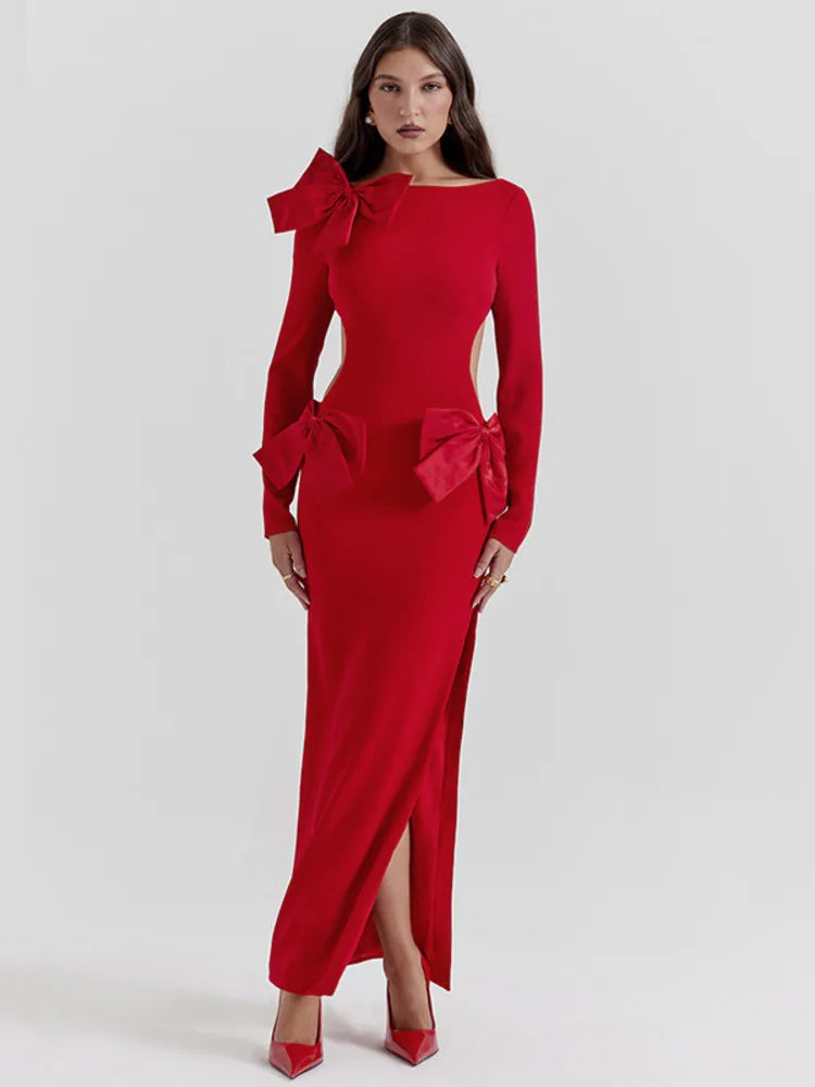 Women's Red Evening Gown | Elegant & Bold | Bow Detail & High Slit