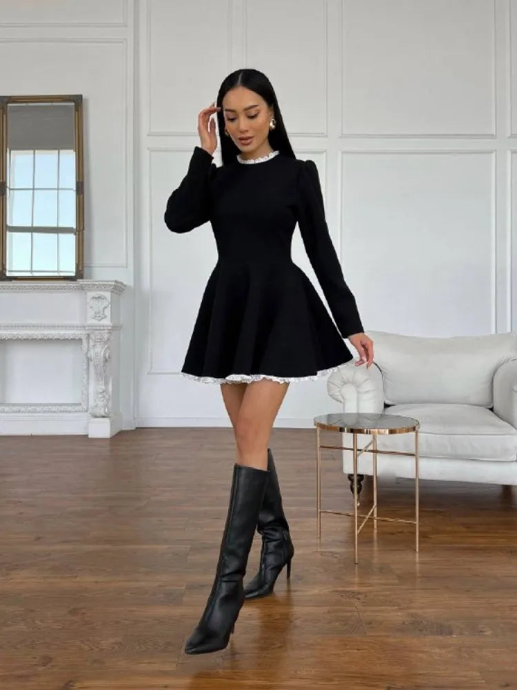 Black A-Line Dress | Polyester Blend | Vintage Lace Trim