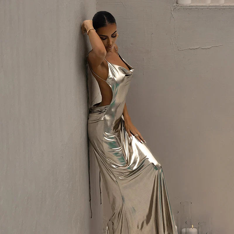 Metallic Satin Maxi Dress | Elegant & Glamorous | Open Back