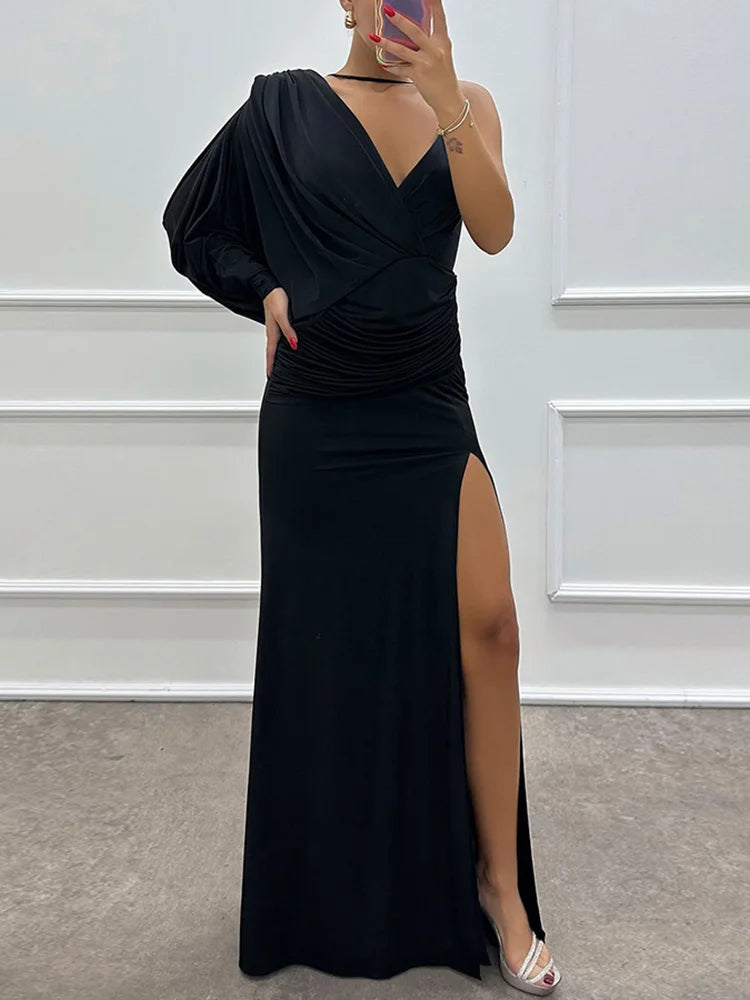 Women's One-Shoulder Draped Evening Gown | Elegant & Glamorous | High Slit