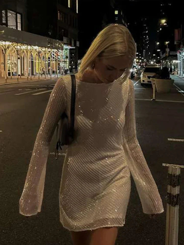 Sequin Mini Dress | Long Sleeve & Open Back | Elegant & Sparkling