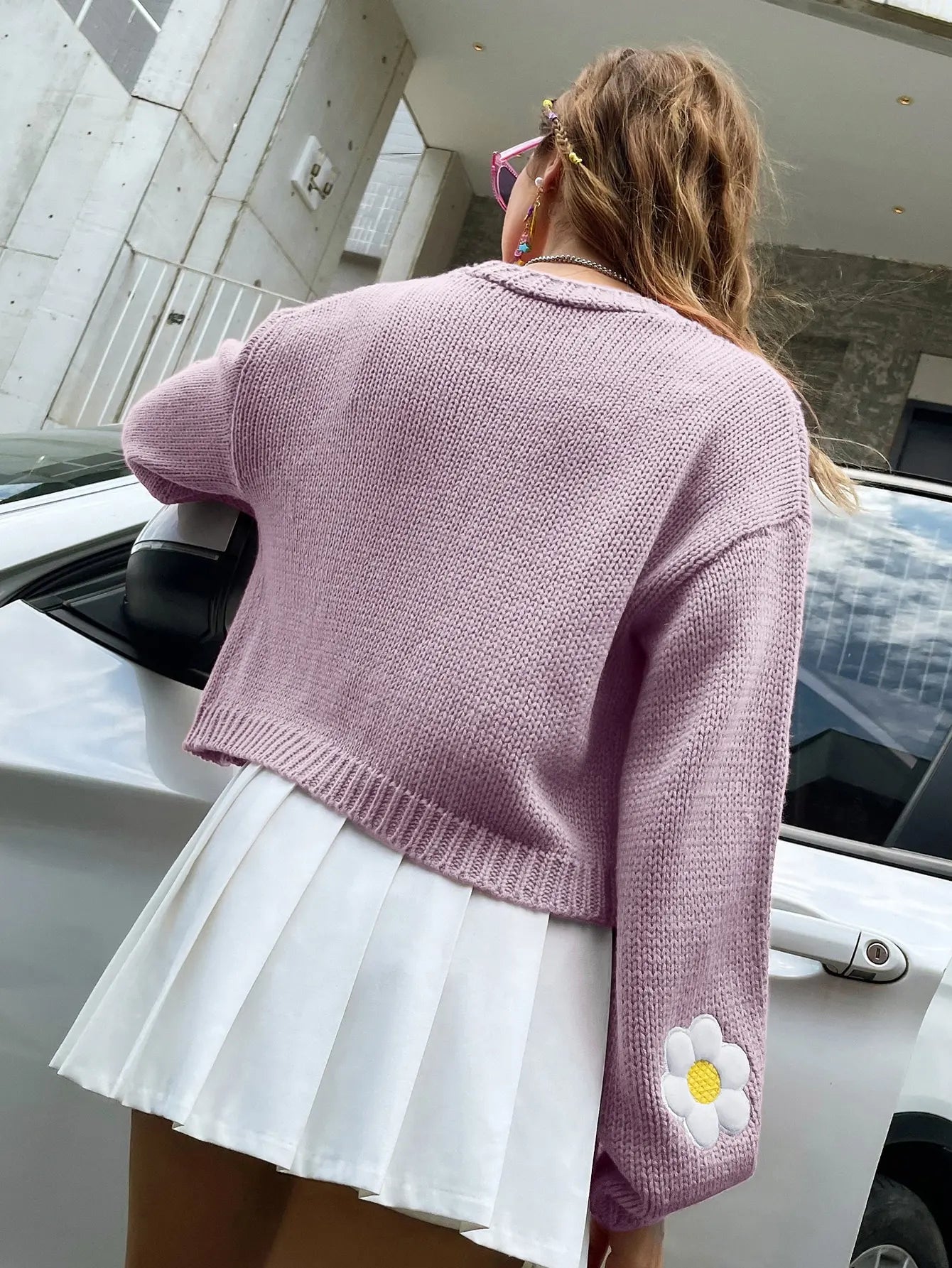Floral Knit Cardigan | Acrylic Blend | Oversized with Daisy Embroidery