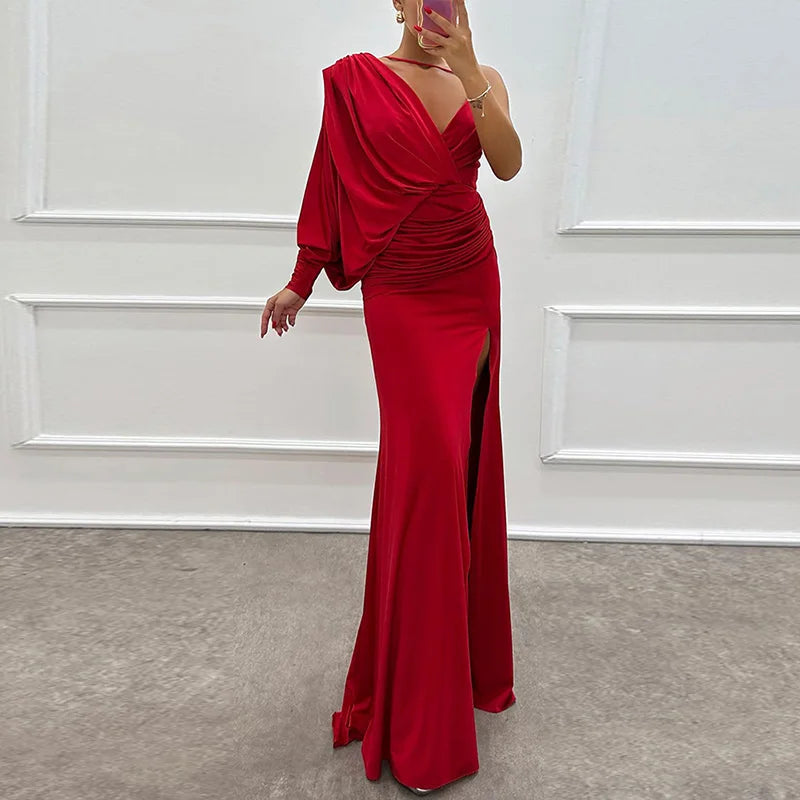 Women's One-Shoulder Draped Evening Gown | Elegant & Glamorous | High Slit