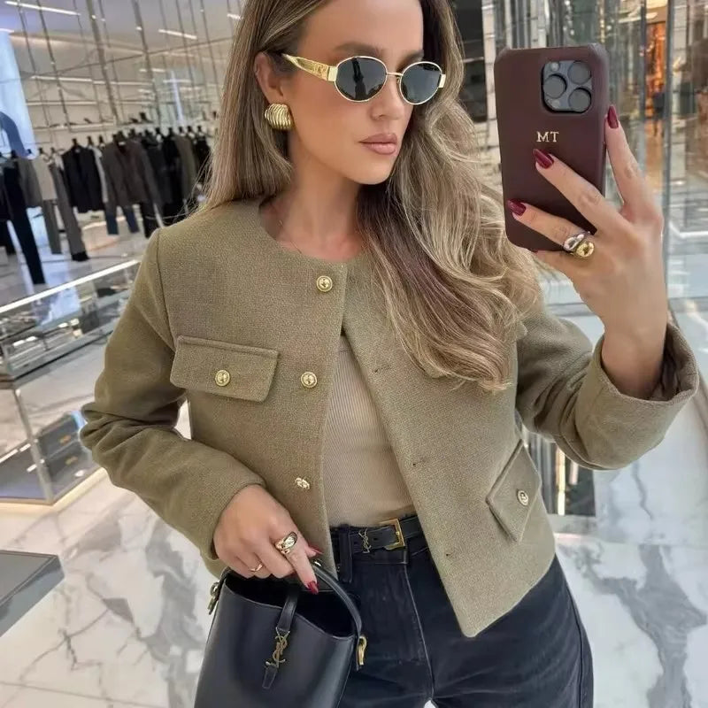 Cropped Military-Inspired Jacket | Tailored Chic | Gold Button Detail