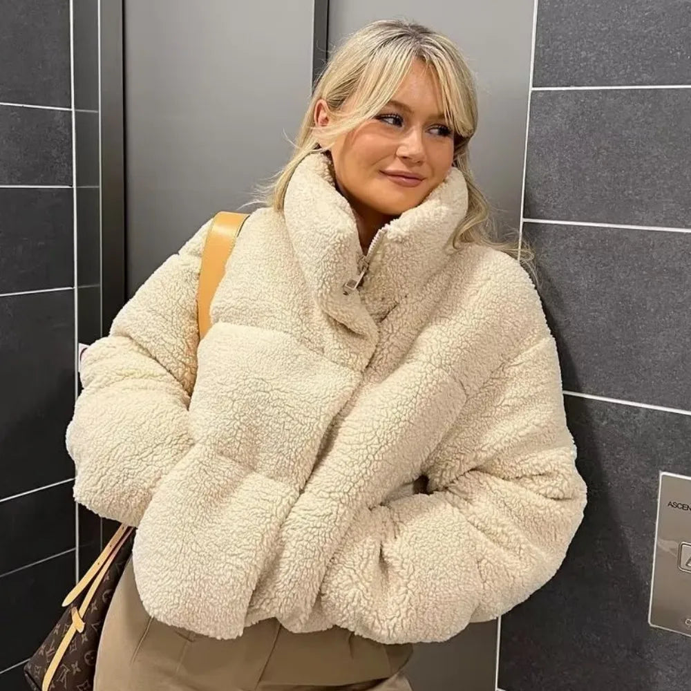 Teddy Puffer Jacket | Polyester | High Collar & Oversized Fit