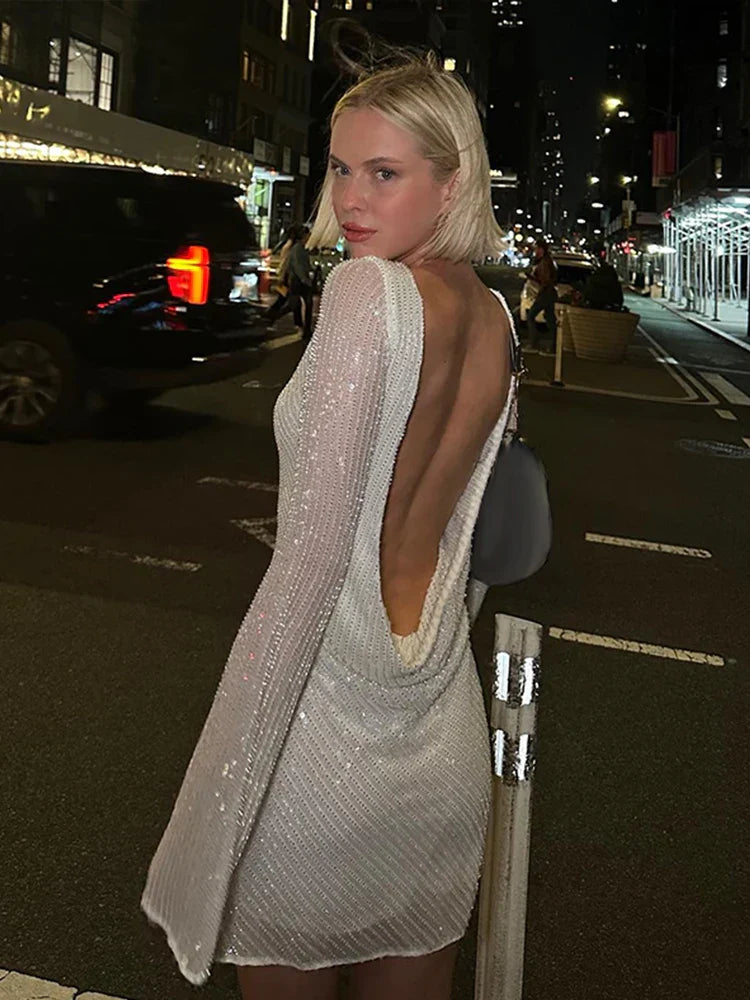 Sequin Mini Dress | Long Sleeve & Open Back | Elegant & Sparkling