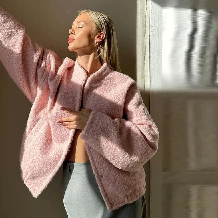 Teddy Zip Jacket | Polyester | Oversized Fit in Soft Pink