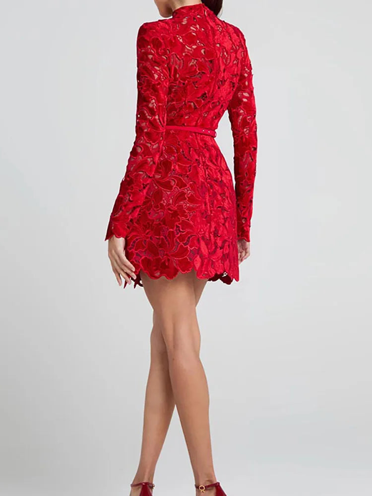 Embroidered Lace Mini Dress | High Neck | Elegant & Chic
