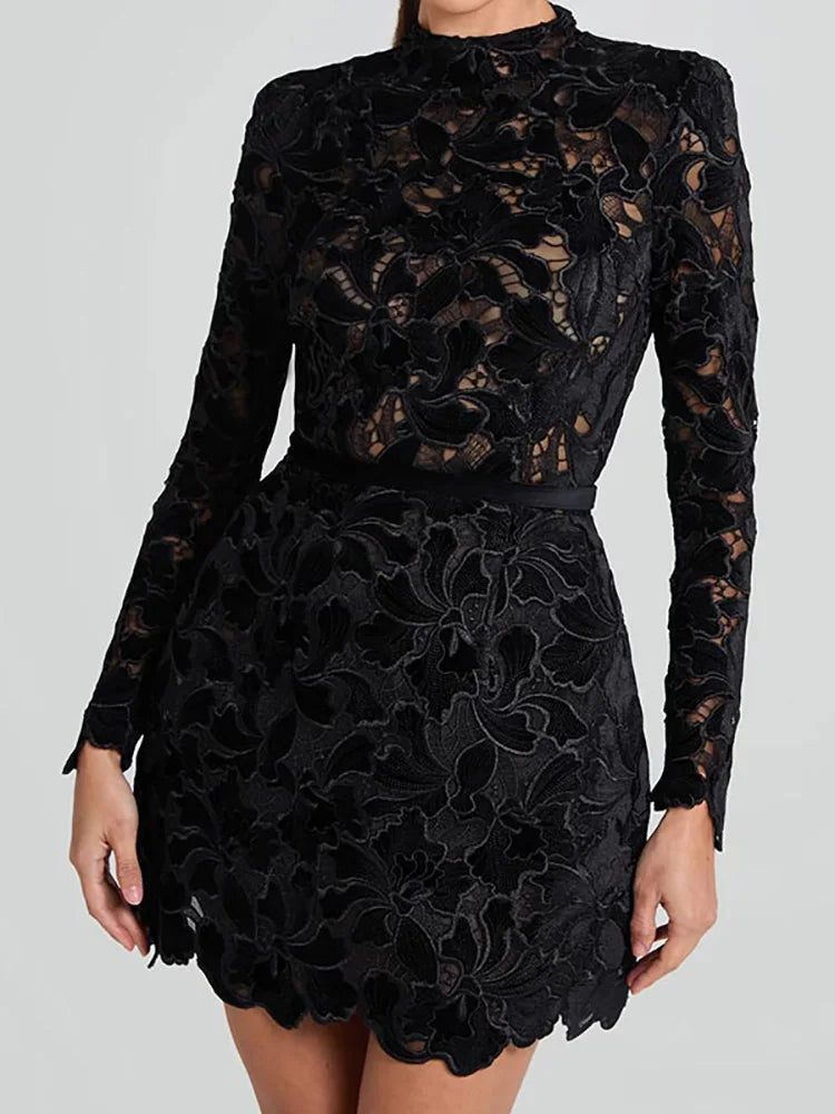 Embroidered Lace Mini Dress | High Neck | Elegant & Chic