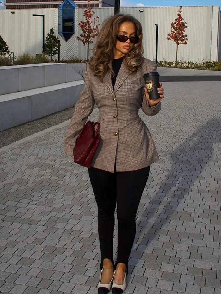 Women's Plaid Blazer | Tailored & Elegant | Gold Button Detail