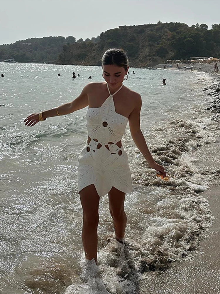 Crochet Cut-Out Mini Dress | Beachwear | Halter Neck