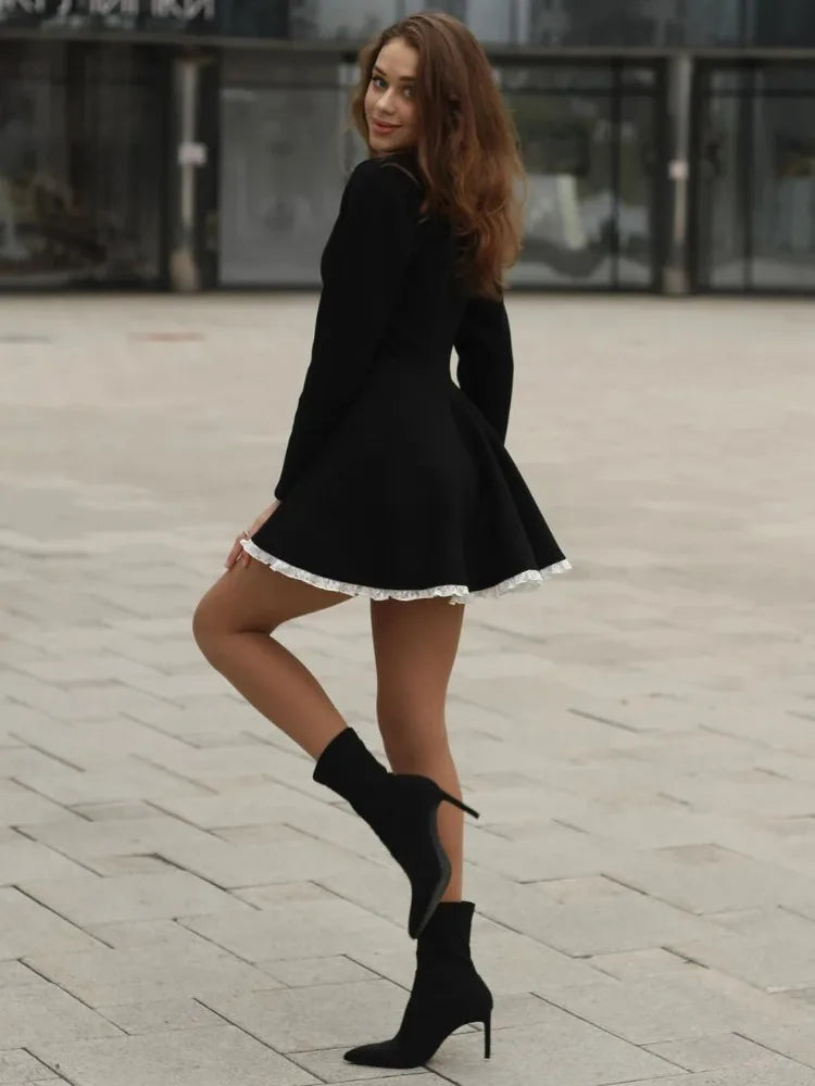 Black A-Line Dress | Polyester Blend | Vintage Lace Trim