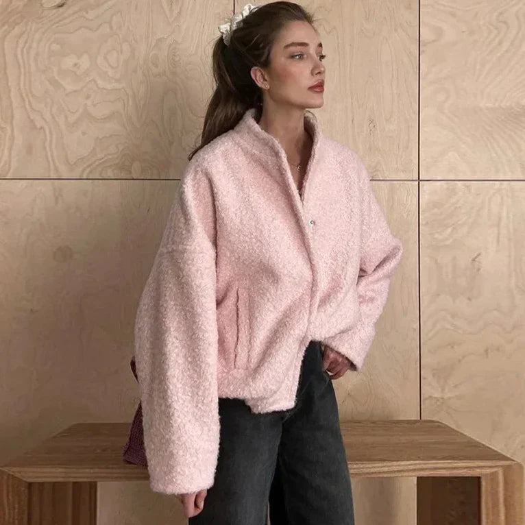 Teddy Zip Jacket | Polyester | Oversized Fit in Soft Pink