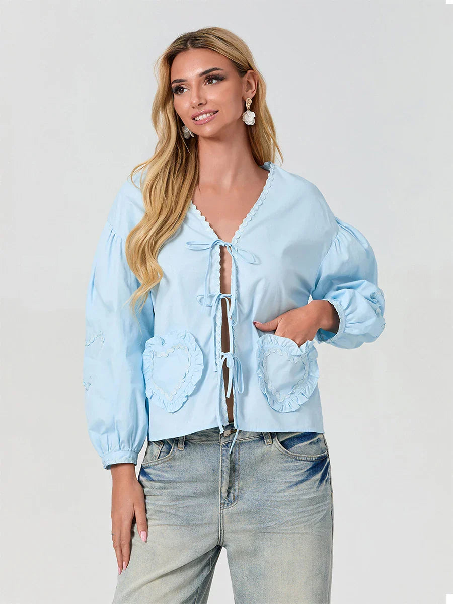 Satin Bow-Tie Jacket | Polyester Blend | Balloon Sleeve Design